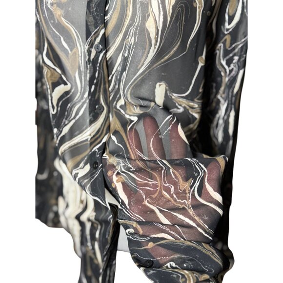 NEW Dress Forum Blouse S Long Sleeve Black Beige Print Dressy Sheer Button Up - Picture 5 of 12